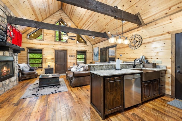 186 W Eagle Mountain Trl, Broken Bow, OK 74728 - kitchen featuring dishwasher, open floor plan, a wood ceiling with exposed beams, hardwood / wood-style floors, and healthy amount of natural light