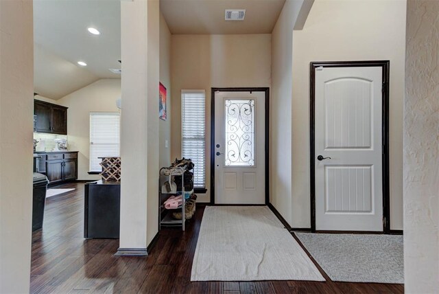 2345 NW 191st Ct, Edmond, OK 73012 - entrance foyer featuring dark wood-style flooring, baseboards, vaulted ceiling, and recessed lighting