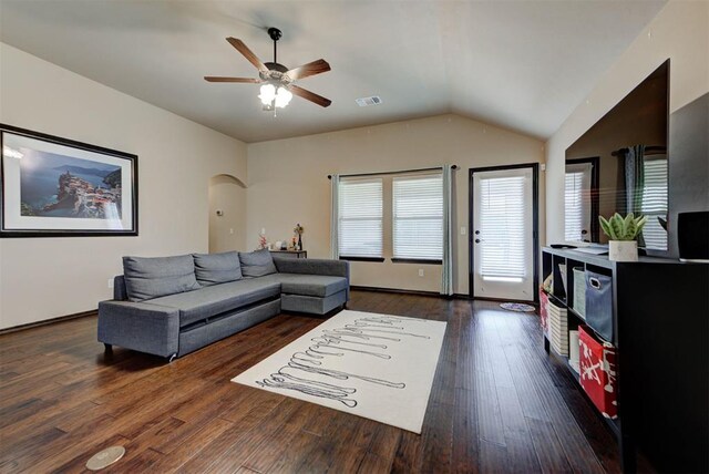 2345 NW 191st Ct, Edmond, OK 73012 - living area with arched walkways, ceiling fan, wood finished floors, and lofted ceiling