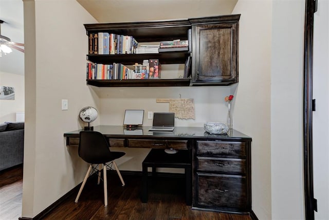 2345 NW 191st Ct, Edmond, OK 73012 - office area featuring dark wood-type flooring, a ceiling fan, built in study area, and baseboards