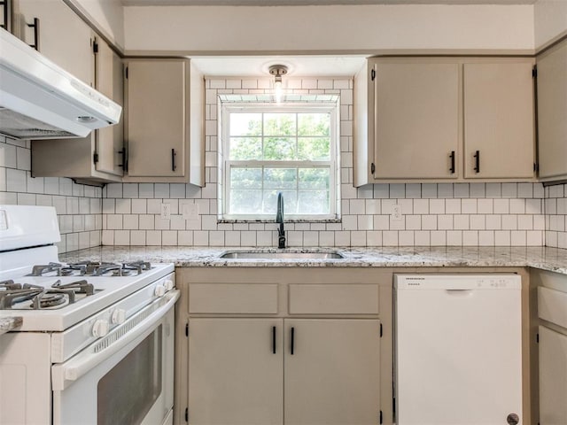 2748 Lancaster Ln, Oklahoma City, OK 73116 - kitchen featuring white appliances, a sink, under cabinet range hood, and backsplash