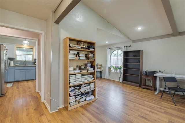 3501 Necia St, Moore, OK 73160 - home office featuring light wood-type flooring, plenty of natural light, a sink, beamed ceiling, and recessed lighting