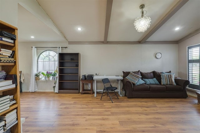 3501 Necia St, Moore, OK 73160 - living area featuring beam ceiling, light wood-type flooring, and recessed lighting