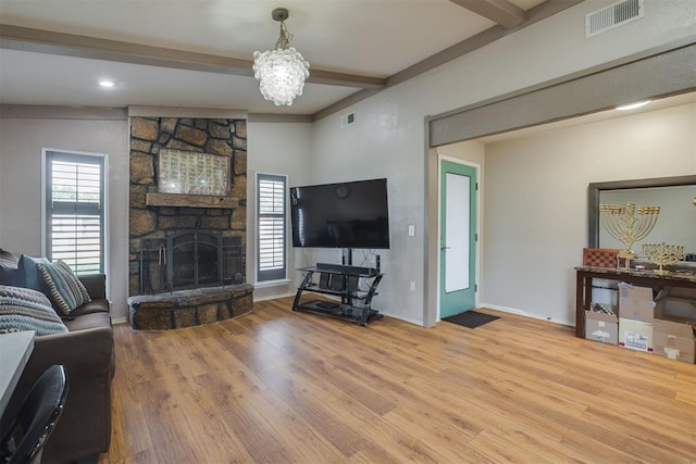 3501 Necia St, Moore, OK 73160 - living room with beam ceiling, wood finished floors, a stone fireplace, baseboards, and recessed lighting
