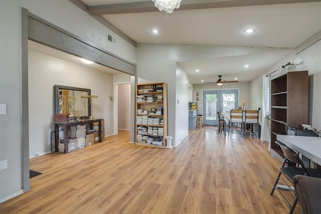 3501 Necia St, Moore, OK 73160 - living room featuring a ceiling fan, light wood finished floors, lofted ceiling, and recessed lighting