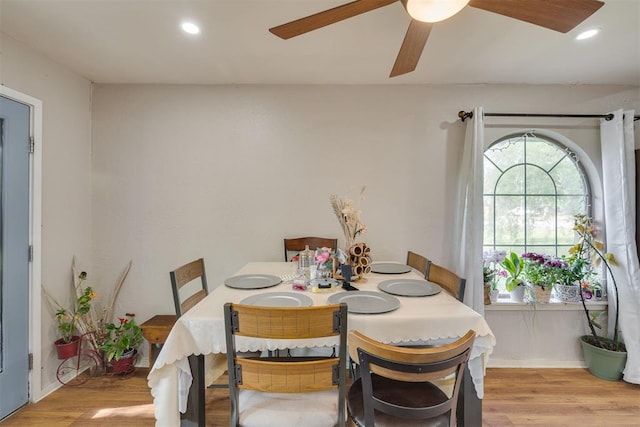 3501 Necia St, Moore, OK 73160 - dining area featuring wood finished floors, ceiling fan, and recessed lighting