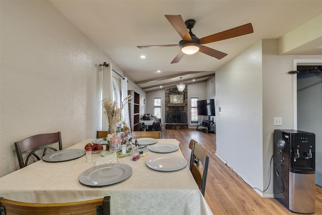 3501 Necia St, Moore, OK 73160 - dining space featuring wood finished floors, lofted ceiling, and a ceiling fan