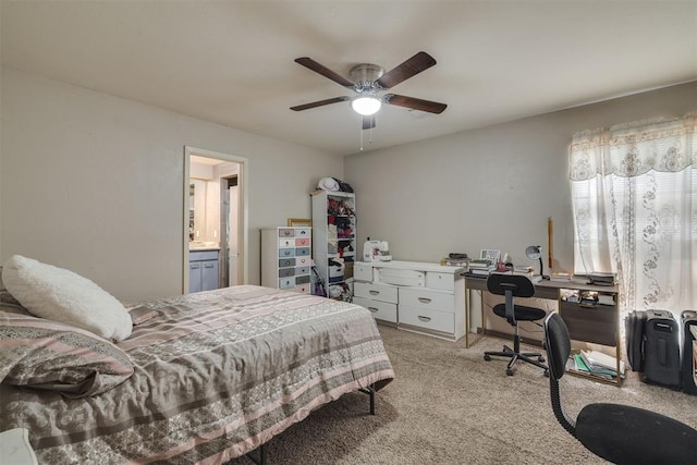 3501 Necia St, Moore, OK 73160 - bedroom with light colored carpet, a desk, ensuite bathroom, and ceiling fan