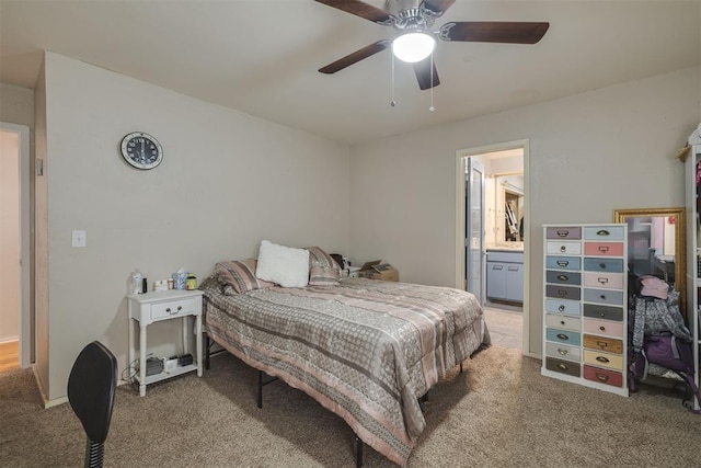 3501 Necia St, Moore, OK 73160 - bedroom with carpet flooring, ceiling fan, and connected bathroom