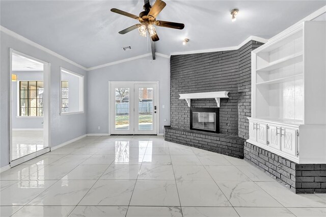 8116 NW 82nd St, Oklahoma City, OK 73132 - unfurnished living room featuring ornamental molding, light marble finish floors, ceiling fan, baseboards, and a fireplace