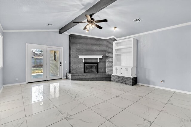 8116 NW 82nd St, Oklahoma City, OK 73132 - unfurnished living room featuring ceiling fan, marble look tile flooring, baseboards, ornamental molding, and a fireplace