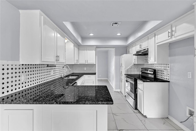 8116 NW 82nd St, Oklahoma City, OK 73132 - kitchen with stainless steel electric stove, a sink, under cabinet range hood, a raised ceiling, and white cabinetry