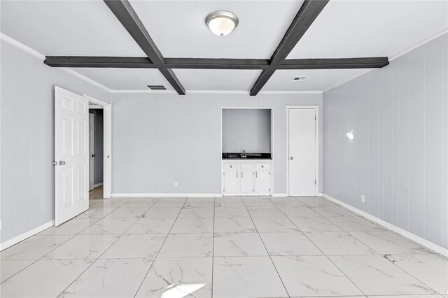 8116 NW 82nd St, Oklahoma City, OK 73132 - empty room with baseboards, coffered ceiling, beamed ceiling, a sink, and light marble finish floors
