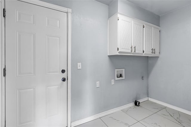 8116 NW 82nd St, Oklahoma City, OK 73132 - washroom featuring cabinet space, washer hookup, baseboards, light marble finish floors, and electric dryer hookup