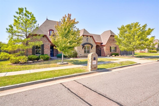 3101 Monica Ln, Moore, OK 73160 - french country style house with a front lawn, brick siding, and driveway