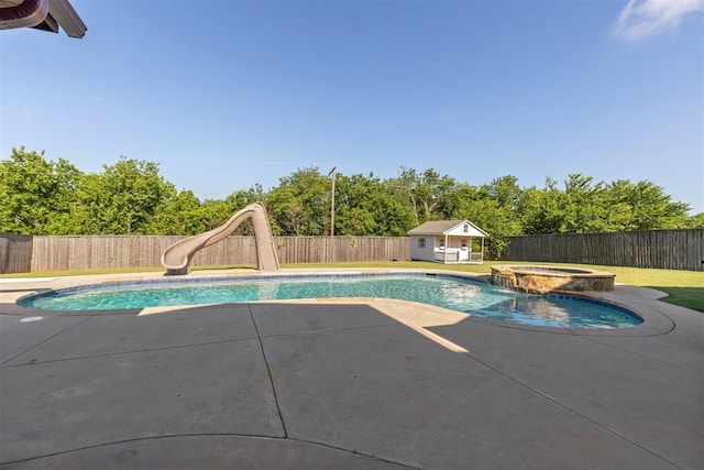 3101 Monica Ln, Moore, OK 73160 - view of pool with a fenced backyard, a patio, an outdoor structure, and a water slide