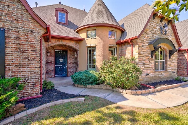 3101 Monica Ln, Moore, OK 73160 - view of front of house featuring a shingled roof, stone siding, and brick siding