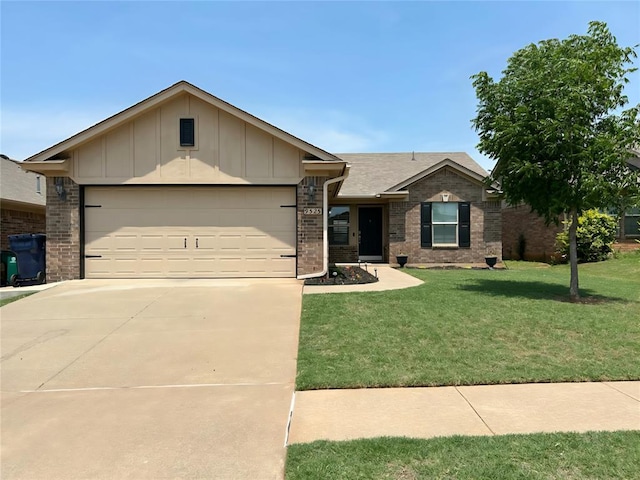 9525 SW 27th St, Oklahoma City, OK 73128 - ranch-style home with an attached garage, driveway, brick siding, board and batten siding, and a front lawn