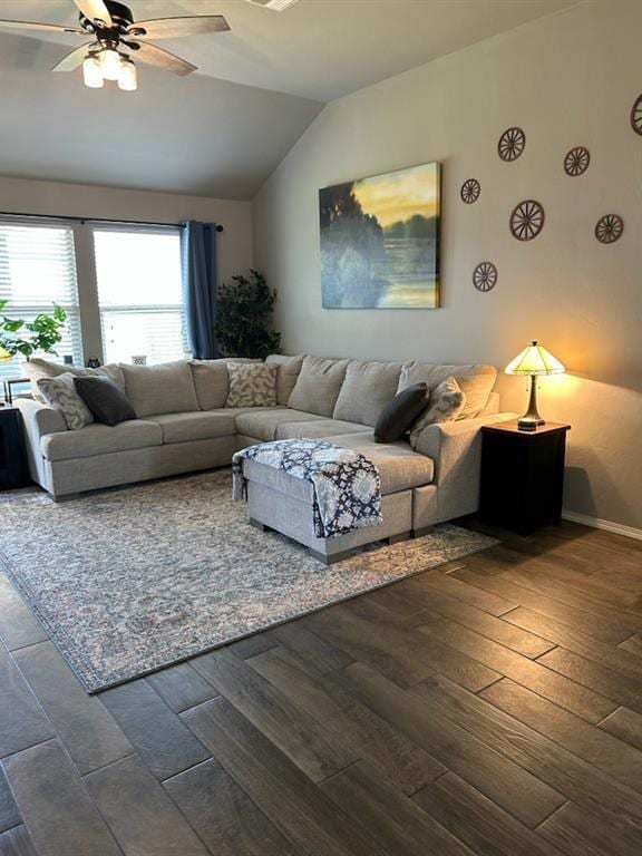 9525 SW 27th St, Oklahoma City, OK 73128 - living area featuring vaulted ceiling, hardwood / wood-style flooring, ceiling fan, and baseboards