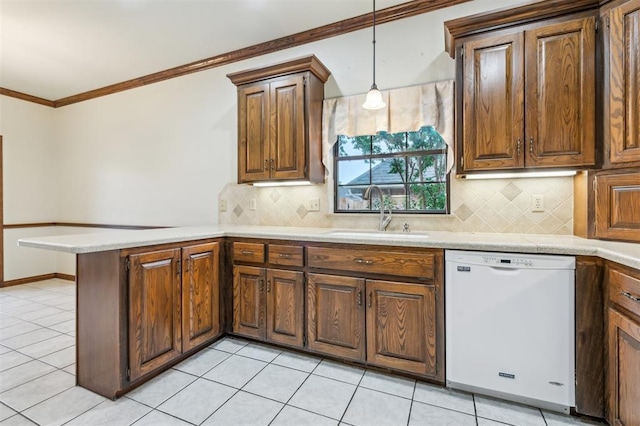 8 Brentwood Pl, Shawnee, OK 74804 - kitchen with dishwasher, a sink, a peninsula, light countertops, and crown molding