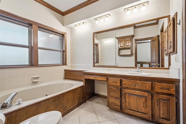 8 Brentwood Pl, Shawnee, OK 74804 - bathroom featuring tile patterned flooring, crown molding, a whirlpool tub, vanity, and toilet