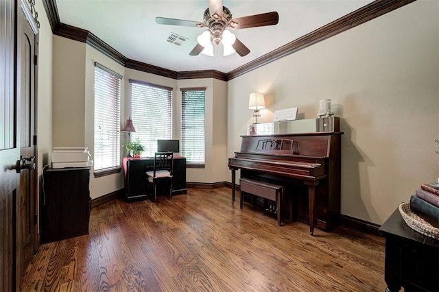 2139 Rivanna Way, Edmond, OK 73034 - office featuring ceiling fan, wood finished floors, and ornamental molding