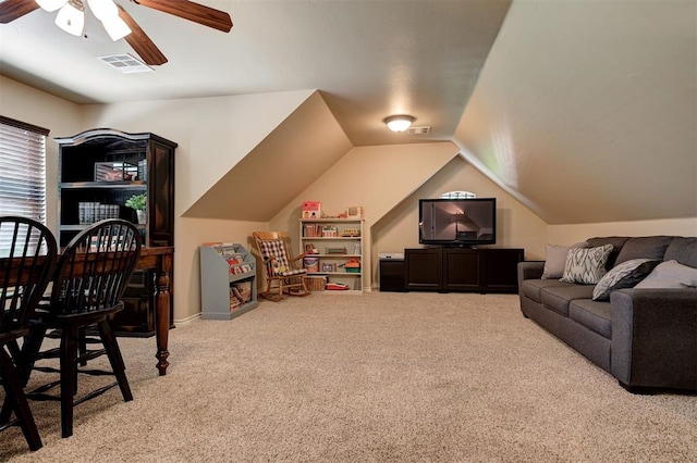 2139 Rivanna Way, Edmond, OK 73034 - living room with carpet floors, ceiling fan, and lofted ceiling