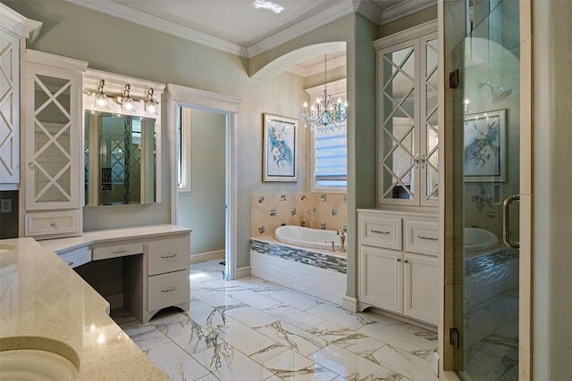 1516 Brook Bank Dr, Jones, OK 73049 - full bath featuring crown molding, vanity, a bath, a chandelier, and a stall shower