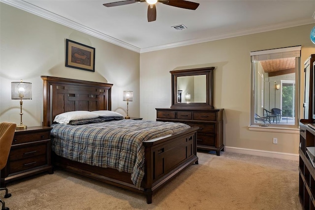 1516 Brook Bank Dr, Jones, OK 73049 - bedroom featuring light colored carpet, crown molding, baseboards, and a ceiling fan
