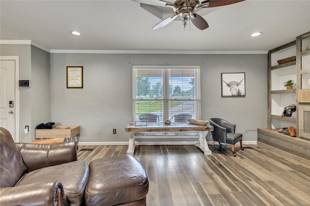 2336 County Road 1222, Blanchard, OK 73010 - living room featuring crown molding, baseboards, wood finished floors, ceiling fan, and recessed lighting