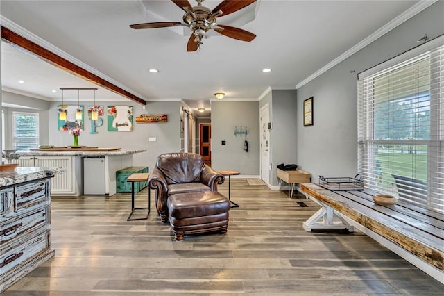 2336 County Road 1222, Blanchard, OK 73010 - living area with recessed lighting, wood finished floors, a ceiling fan, ornamental molding, and baseboards