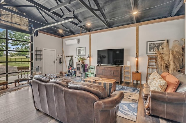 2336 County Road 1222, Blanchard, OK 73010 - living room featuring an AC wall unit, wood finished floors, and coffered ceiling