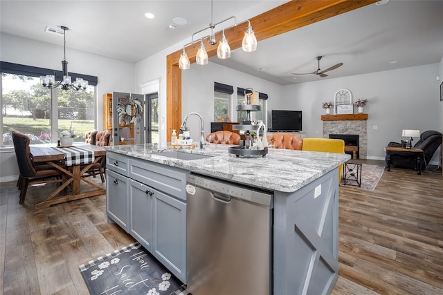 1225 N Nature Way, Mustang, OK 73064 - kitchen with stainless steel dishwasher, a sink, a ceiling fan, gray cabinetry, and recessed lighting