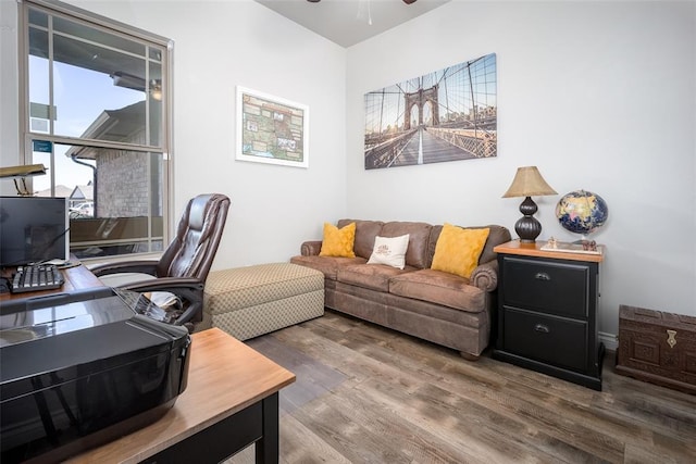1225 N Nature Way, Mustang, OK 73064 - home office featuring wood finished floors and a ceiling fan