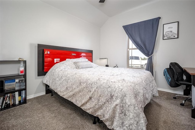 1225 N Nature Way, Mustang, OK 73064 - bedroom with carpet flooring, lofted ceiling, baseboards, an office area, and ceiling fan