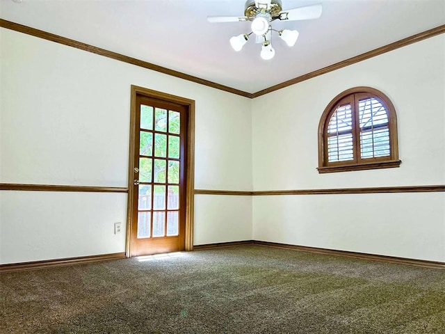 1312 N Carol Ln, Oklahoma City, OK 73127 - unfurnished room with carpet flooring, baseboards, crown molding, and a ceiling fan