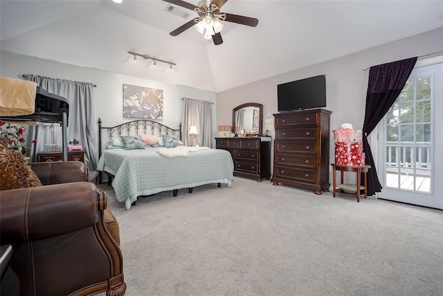 1889 Cobblestone Rd, Sulphur, OK 73086 - bedroom with lofted ceiling, light carpet, access to exterior, a ceiling fan, and track lighting