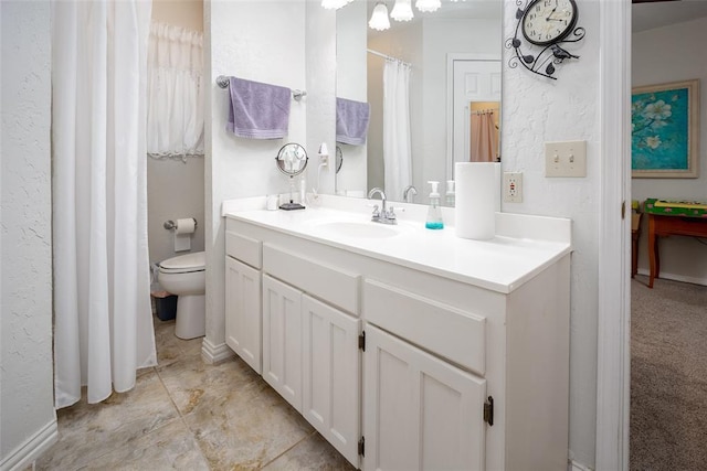 1889 Cobblestone Rd, Sulphur, OK 73086 - full bathroom featuring vanity, toilet, a textured wall, and a shower with curtain