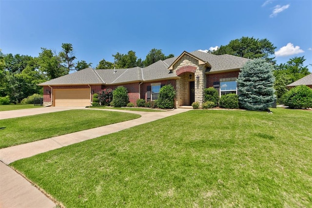13009 Jasmine Ln, Oklahoma City, OK 73142 - single story home with a garage, a front yard, concrete driveway, a shingled roof, and brick siding