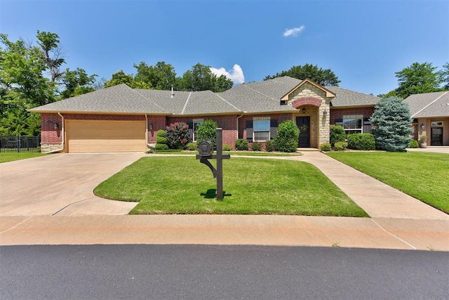 13009 Jasmine Ln, Oklahoma City, OK 73142 - view of front of property featuring an attached garage, brick siding, driveway, and roof with shingles