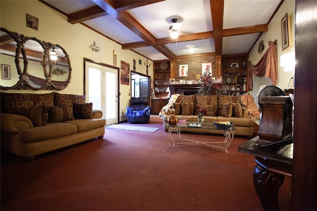 11332 Cimarron Dr, Oklahoma City, OK 73162 - living area featuring coffered ceiling, carpet flooring, ceiling fan, beamed ceiling, and built in features