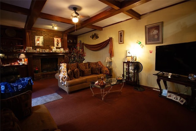 11332 Cimarron Dr, Oklahoma City, OK 73162 - carpeted living area featuring ceiling fan, coffered ceiling, beamed ceiling, a brick fireplace, and baseboards