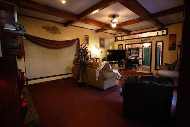11332 Cimarron Dr, Oklahoma City, OK 73162 - living area featuring a baseboard radiator, beamed ceiling, carpet, coffered ceiling, and baseboards
