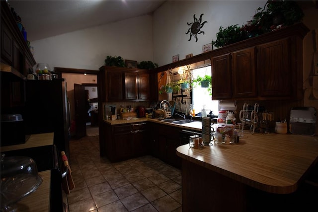 11332 Cimarron Dr, Oklahoma City, OK 73162 - kitchen featuring black / electric stove, dark brown cabinetry, tile patterned flooring, a sink, and vaulted ceiling