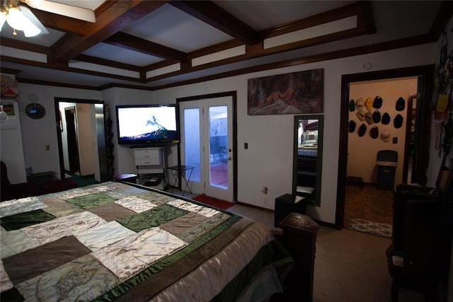11332 Cimarron Dr, Oklahoma City, OK 73162 - bedroom featuring coffered ceiling, access to outside, beamed ceiling, and carpet flooring