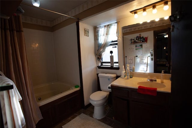 11332 Cimarron Dr, Oklahoma City, OK 73162 - bathroom featuring shower / bath combo, tile patterned floors, toilet, and vanity