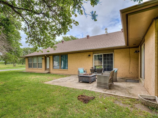 12601 Rock Springs Rd, Jones, OK 73049 - rear view of property with a fire pit, a patio area, a lawn, and roof with shingles