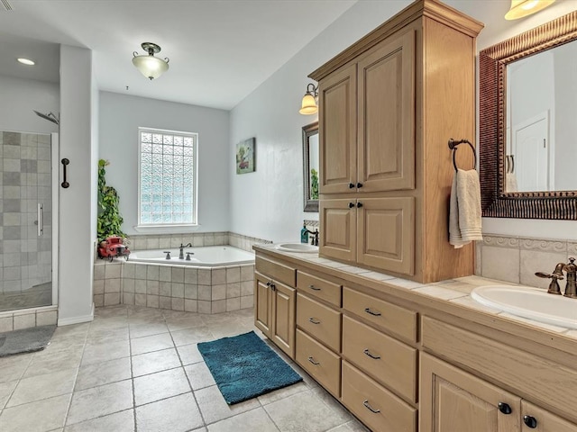 20486 Cypress Way, Tecumseh, OK 74873 - full bathroom with a bath, double vanity, a shower stall, and tile patterned flooring