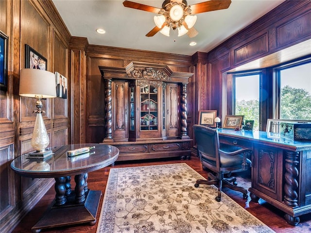 512 E Prairie Grove Rd, Guthrie, OK 73044 - office space with ceiling fan, wood finished floors, wood walls, and recessed lighting