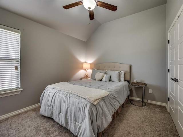 8109 NW 160th Ter, Edmond, OK 73013 - bedroom featuring vaulted ceiling, carpet, baseboards, and a ceiling fan